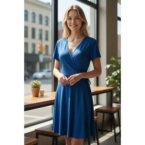 Gilli Wrap Dress‎ Short Sleeve V Neck Blue Casual Made in USA Size Small